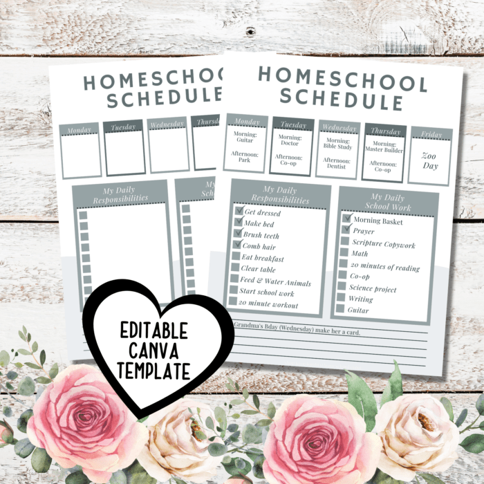 Weekly homeschool schedule editable canva template