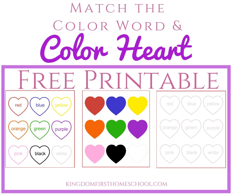 Free Printable - Match the Color Word with the Color Heart