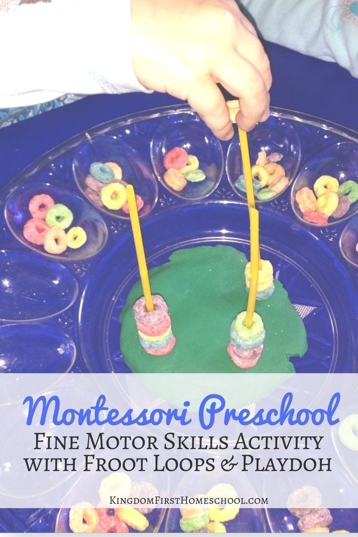 Montessori preschool fine motor skills activity with Froot Loops and Playdoh