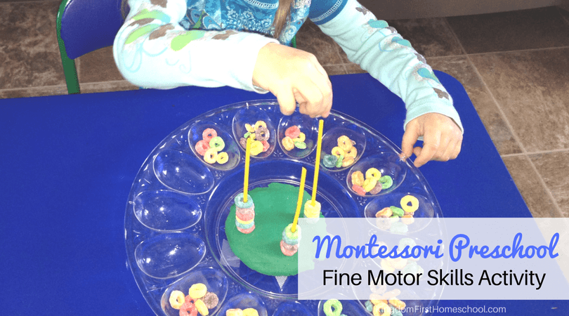 Montessori preschool fine motor skills activity with Froot Loops and Playdoh