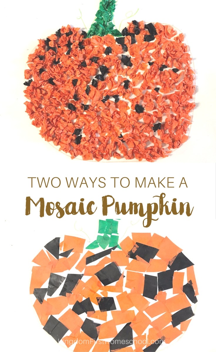 Two ways to make this Mosaic Tissue Paper Pumpkin Craft with your kids.