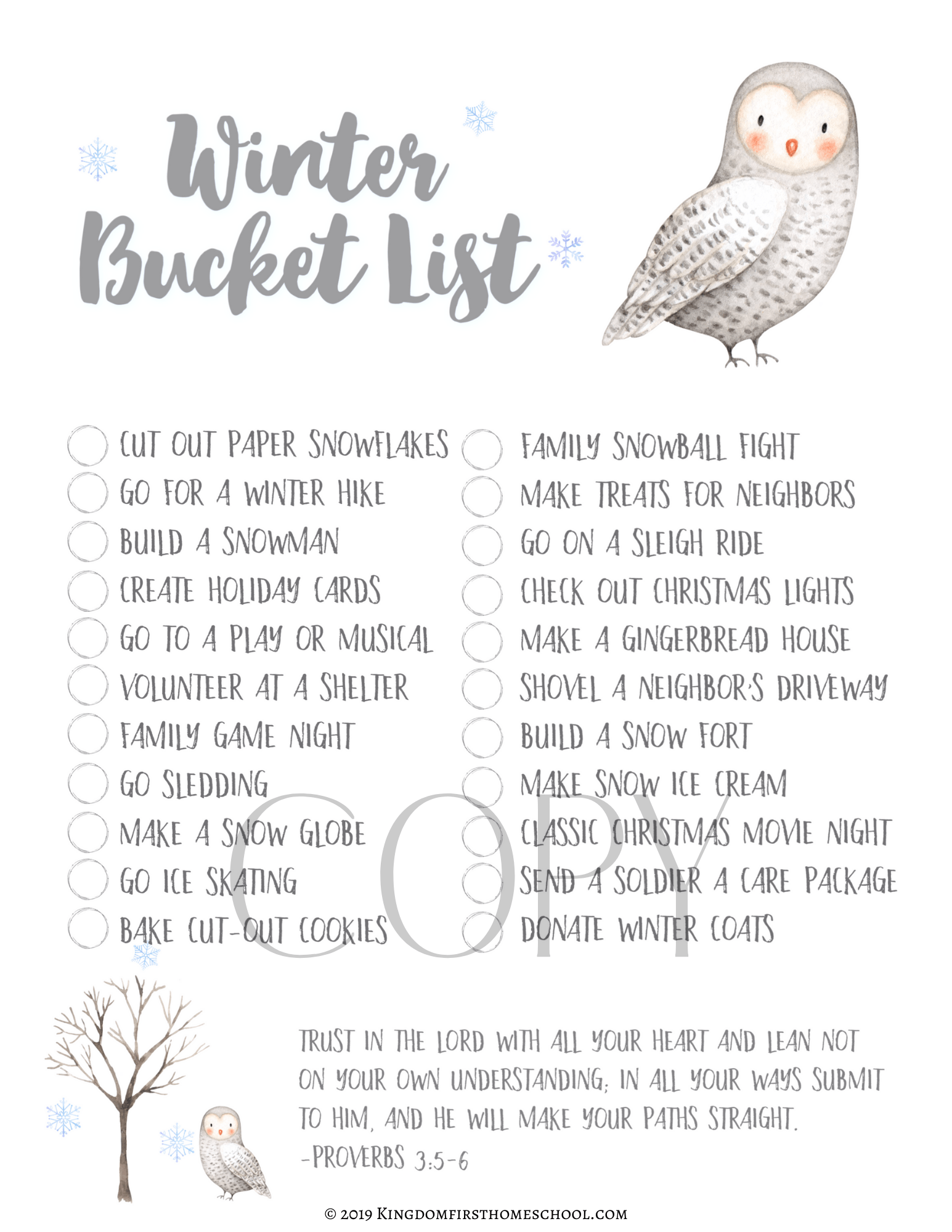 Printable Winter Bucket List