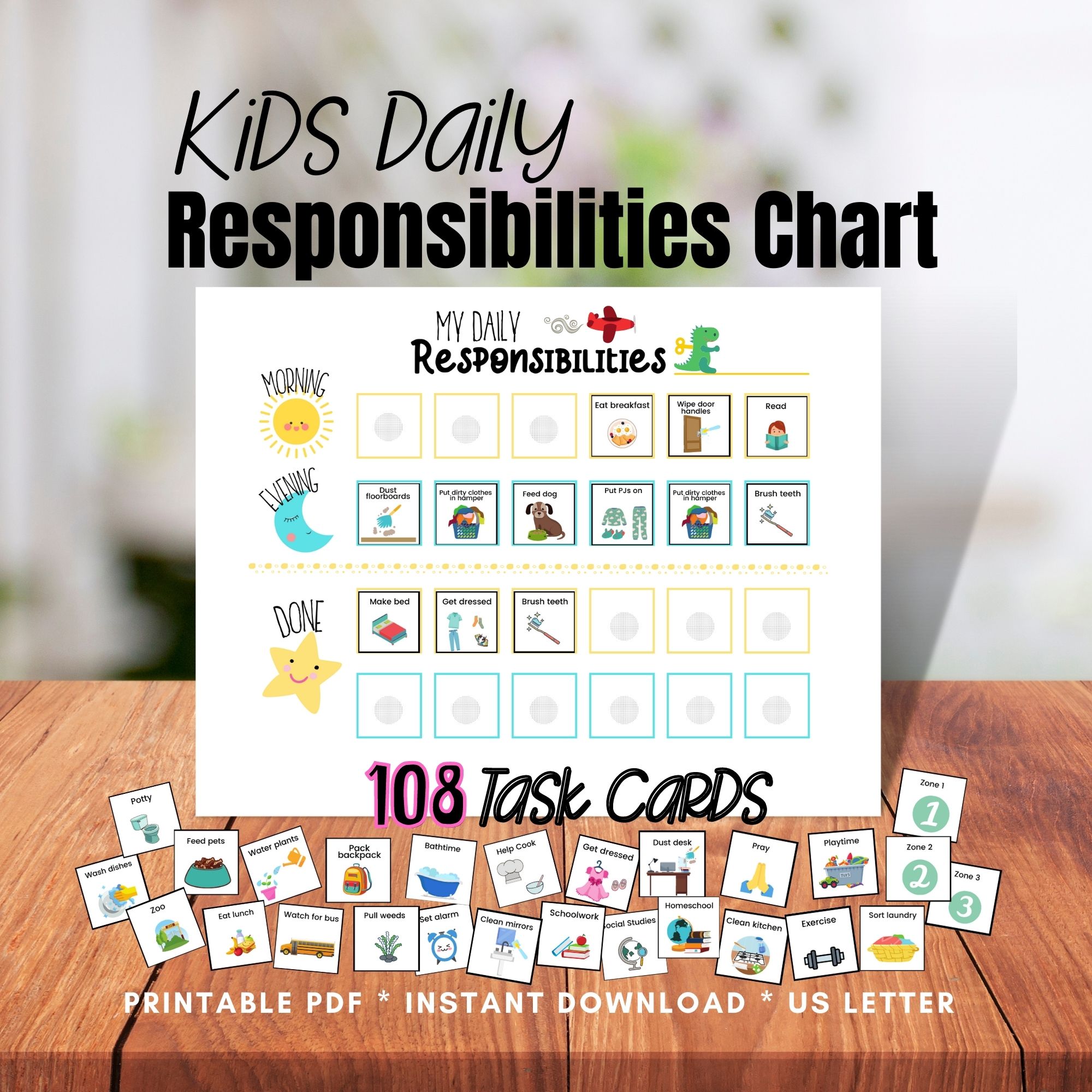 Kids Daily Responsibilities Chart and Task Cards Printable