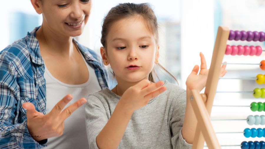 Woman teaching her daughter to count 