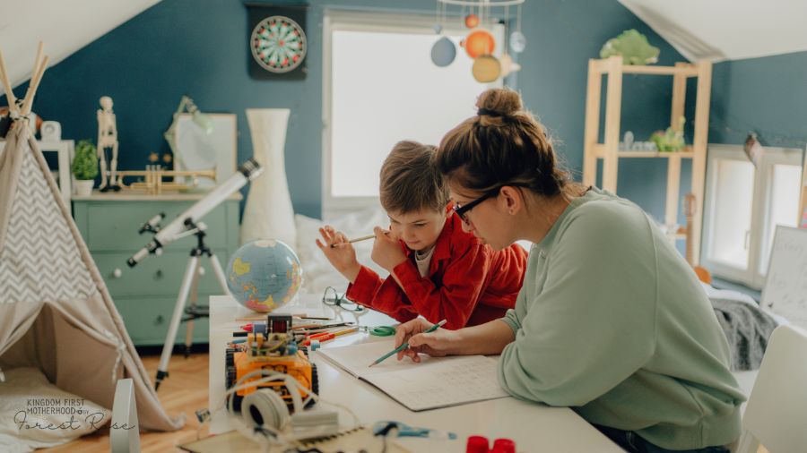 Mom helping son with homeschooling